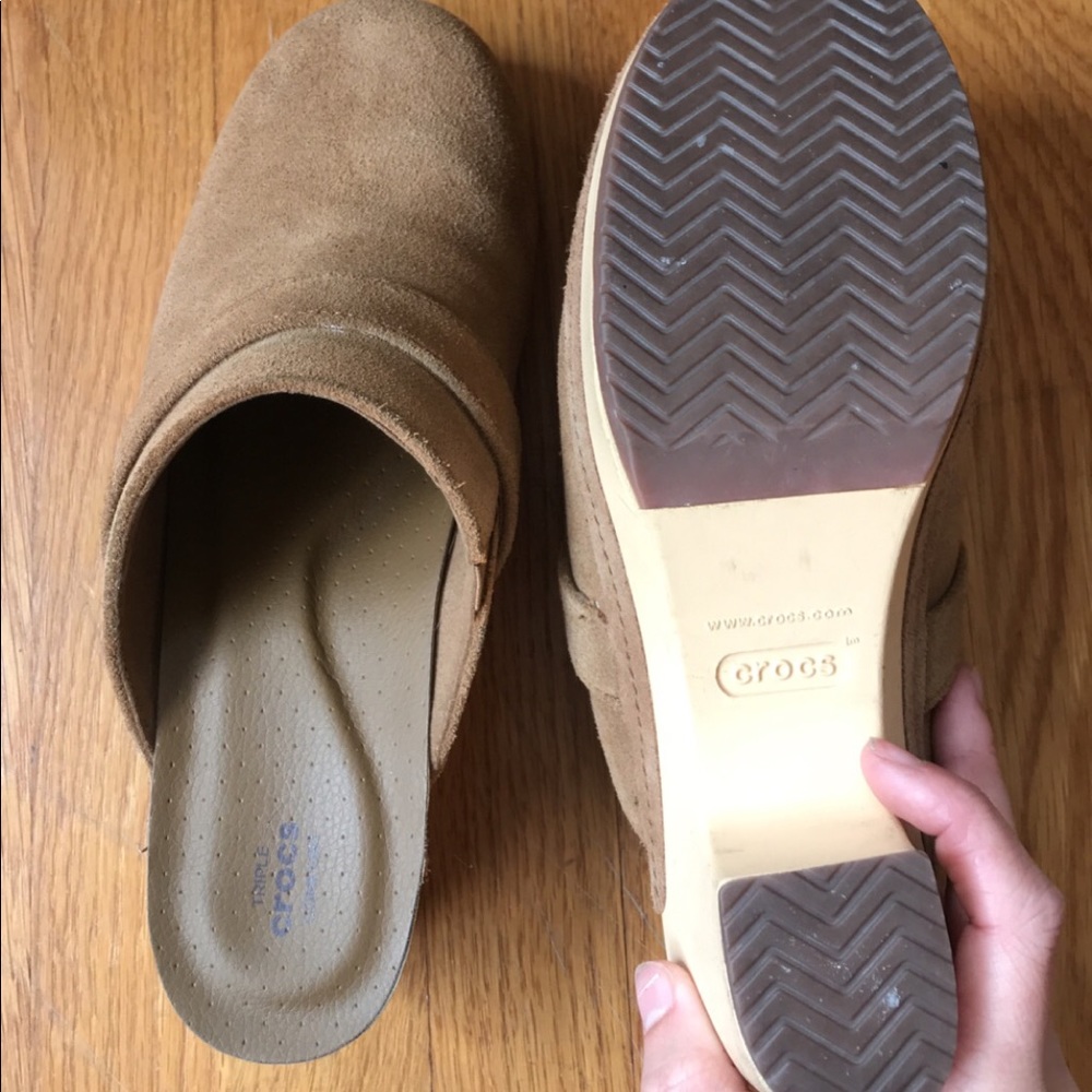 Nutmeg color suede heeled clog crocs